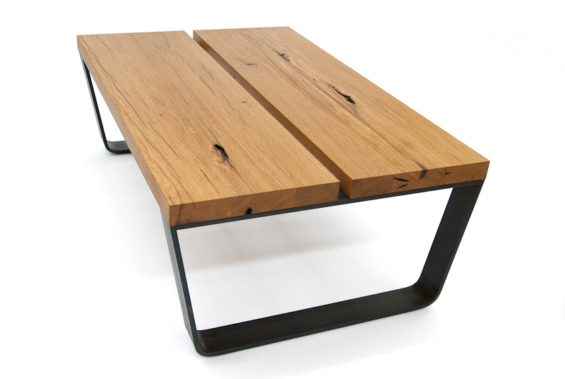 Reclaimed oak and steel split coffee table